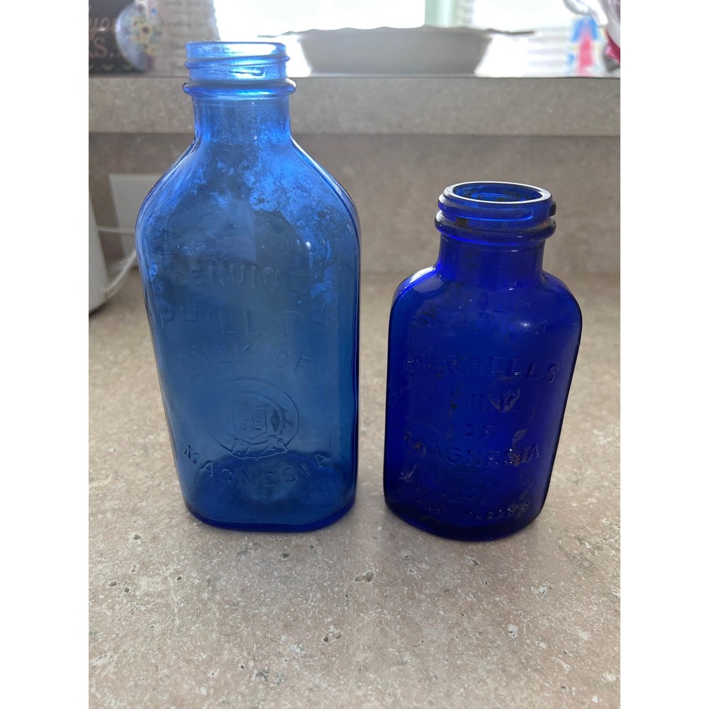 Vintage Cobalt‎ Blue Glass Bottles Phillips & Merrells Milk of Magnesia Set of 2